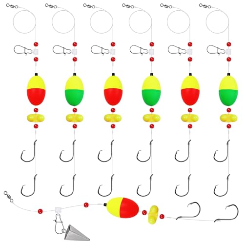Fish Finder Rigs - 6 Pack (Size 6/0 or 8/0) with 33LB Fluorocarbon Leader - Pre-Assembled Surf Fishing Rigs with High-Carbon Steel Hooks & Oversized Float for Saltwater Ocean Fishing - size: 8/0 Double Hook-6pcs