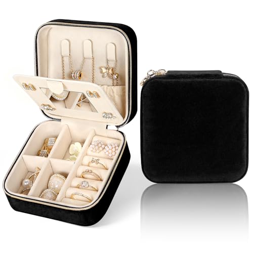 MFXIP Plush Velvet Travel Jewelry Case Small Jewelry Box Jewelry Organizer Storage Case Portable Jewelry Travel Case for Girls Womens Earring, Necklace, Rings,Bracelets with Mirror - color: Dark Black