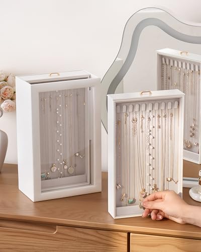Lolalet Upgraded Double-Sided Hanging Necklace Organizer Box, Jewelry Display Case with Double-Sided Clear Window for Necklaces Bracelets, Tangle-Free Necklace Storage Box, White, 2-Layer 40 Hooks - color: White, size: 2-Layer, 40 Hooks