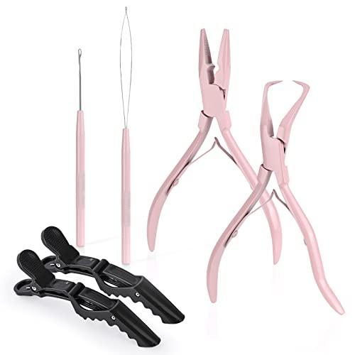 EHDIS Hair Extension Beading Tool Kit Stainless Steel Hair Extensions Micro link Bead Closer and Remover Pliers set, Beads Hair Pulling Hook & Micro Ring Loop Tool Set - color: Pink