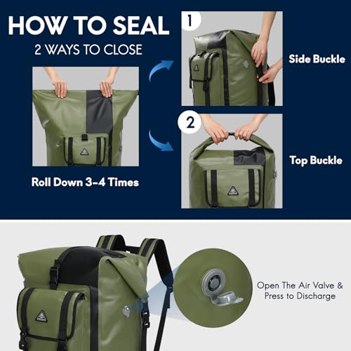 Haimont Waterproof Dry Backpack IPX7 Roll-top Dry Large Marine Dry Bag for Men Kayaking Rafting, 100L, Army Green/Black - color: Army Green/Black, size: 100L
