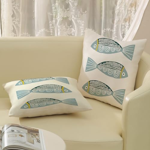 Coastal Pillow Covers 18 x 18 Inch Set of 2 Ocean Beach Blue Fish Throw Pillows Summer Natical Outdoor Decorative Pillow Cases Linen Farmhouse Cushion Case for Couch Home Sofa Bedroom Decor - color: Blue Fish, size: 18" x 18" (Pack of 2)