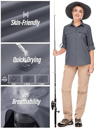 Women's UPF 50 Long Sleeve Sun Protection Shirts Safari Fishing Hiking - color: Dark Grey, size: X-Small