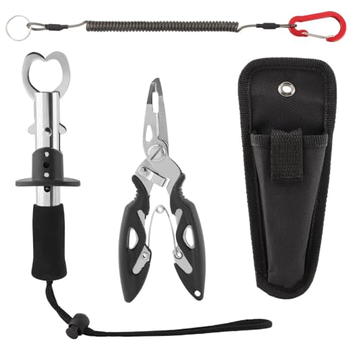 Fishing Gear Set, Fishing Pliers Set, Heavy-Duty 15kg Max Grip, Non-Slip Sponge Handle, 100cm Retractable Lanyard, Includes Fish Gripper, Line Cutter, Carry Bag