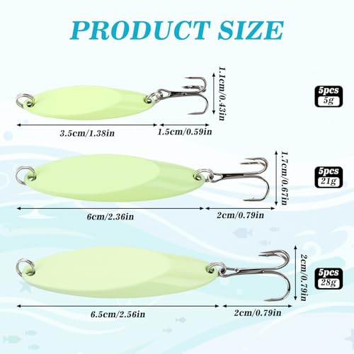 15 Pcs Glow in The Dark Fishing Lures with Treble Hook Jigs 5g/21g/28g Weights Luminous Metal Fishing Spoons Glitter Casting Spinner Baits Spoon for Freshwater Saltwater Bass Trout