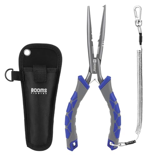 Booms Fishing Needle Nose Pliers: 9" Long Nose Hook Remover and Split Ring Fish Pliers with Lanyard and Sheath - XW10 Multi-Function Saltwater Fishing Gear, Blue & Gray