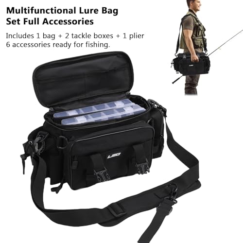 Fishing Tackle Bag with 2 Storage Boxes - watertight Shoulder Bag with Adjustable Straps, 23-Tray Organizer for Lures, Hooks & Fishing Gear Accessories (Black) - color: Black