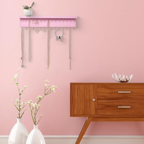 SANY DAYO HOME Pink Necklace Holder Jewelry Organizer with 30 Hooks, 15 x 3 x 4 inches Wall Mount Rustic Pine Wood Shelf for Necklace, Hair Bow Storage - color: 30 Hooks, Pink