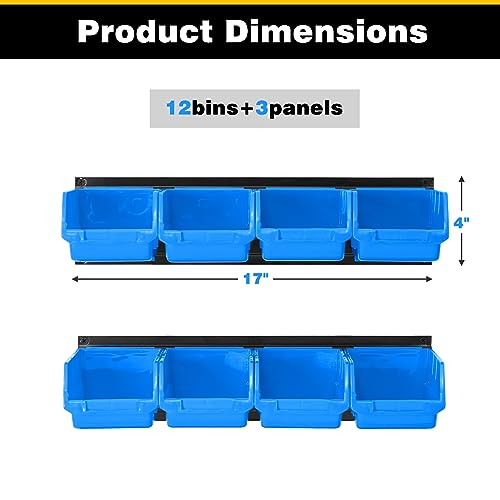 Ultrawall Wall Mounted Storage Bins, Plastic Hanging Storage Organizer Bins, Garage Tool Storage System for Screws, Nuts, Bolts, Nails, and Small Hardware Parts, 12x bins & 3 x rails, Blue - color: Blue