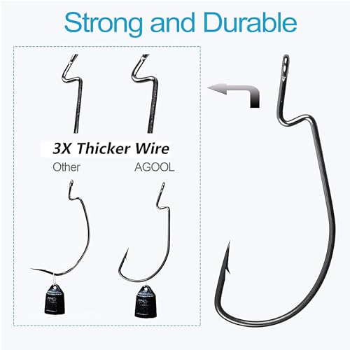 Bass Fishing Hooks 3X Strong Offset EWG Worm Hooks Jigs for Soft Plastic Bait Bass Trout Texas Rig 1-5/0 - size: 150PCS-1/0