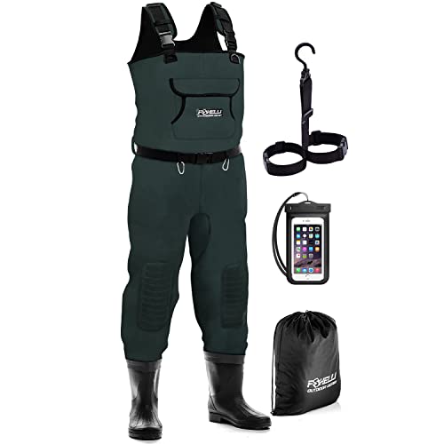 Foxelli Chest Waders, Waterproof 4mm Neoprene Hunting & Fishing Waders for Men & Women with Boots - color: Green, size: 9