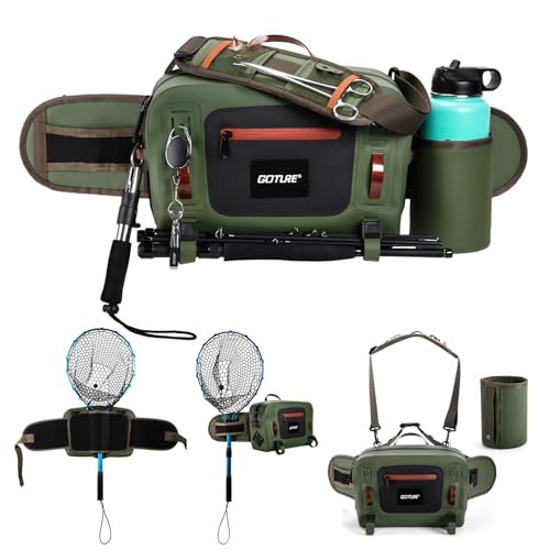 Goture Waterproof Fishing Waist Pack,IPX8 840D TPU Large Tackle Bag with Rod Holder,Airtight Zipper Closure,Detachable Water Bottle Holder, 10L Fly Fishing Bag with Adjustable Strap,Sling Fanny Pack - color: B1:10L Green Waterproof Tackle Bag