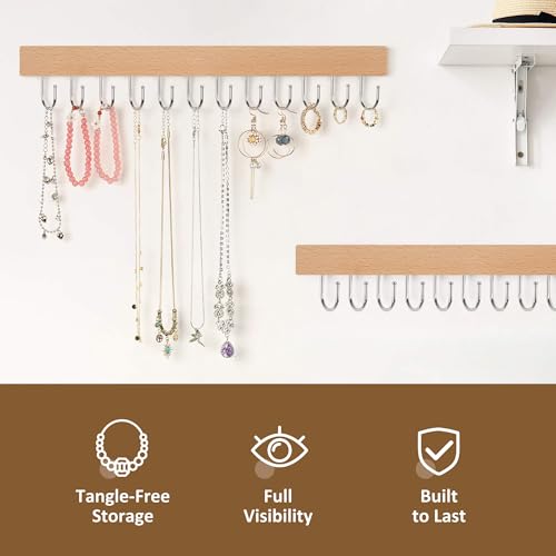 ZEDODIER 2 Pack Necklace Organizer Wall Mount, Wooden Jewelry Hanger Necklace Holder with 24 Hooks,Hanging Jewelry Organizer, Natural - color: Natural