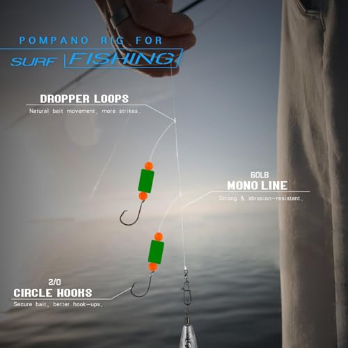 Pompano Rig Saltwater Surf Fishing Rigs – Double Drop Leader Rigs with Hooks, Floats, Beads & Snap – Easy Pre-Tied Terminal Tackle for Pompano, Whiting, Redfish - color: Assorted Colors–C, size: 6 Pack