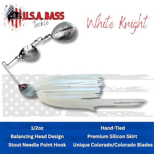 USA BASS Tackle Apache Attack Spinnerbait Type II Largemouth Smallmouth Spotted Bass Premium Fishing Bait Handtied Skirt Custom Blades Heavy Duty Hook New for 2025 - color: White Knight, size: 1/2oz - Colorado/Colorado