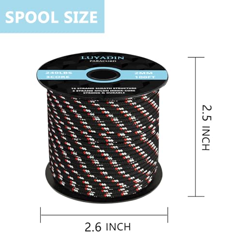 Paracord 240lb - Diameter 2mm Micro Utility Cord -3 Strand Parachute Spool Cord - 100ft 200ft,Paracord for Camping,Hiking,Fishing,Outdoor and DIY - color: Black White Red Camo, size: 100 ft