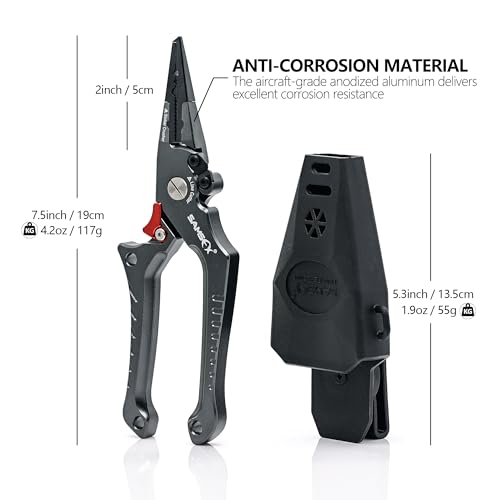 SAMSFX Aluminum Fishing Pliers Hook Remover Braid Line Cutter with Coiled Lanyard, Fly Fishing Knot Tying Tool & Retractors - color: Gray Handle, Split Ring Nose