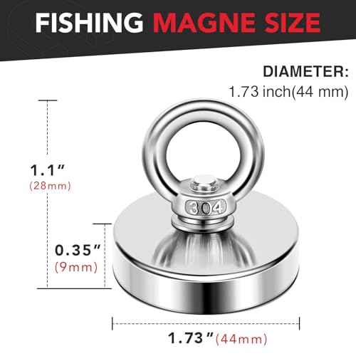 DIYMAG Strong Neodymium Fishing Magnets, 200 Lbs(91 KG) Pulling Force Rare Earth Magnet with Countersunk Hole Eyebolt Diameter 1.73 inch(44 mm) for Retrieving in River and Magnetic - size: 44mm