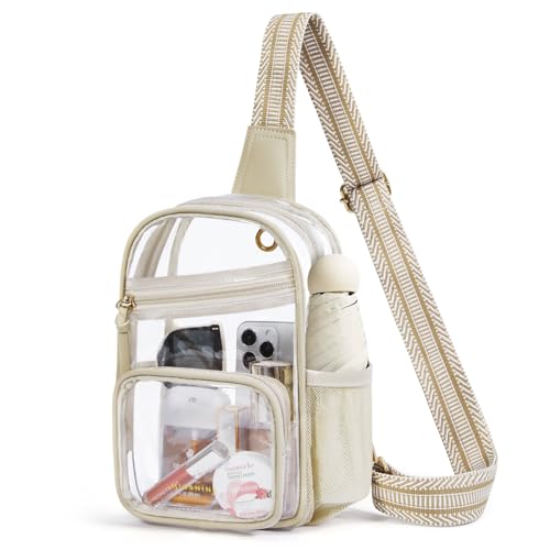 Missnine Clear Bag for Stadium Events Clear Sling Bag Fanny Pack Crossbody Purse for Sport Concert with Side Mesh Pocket - color: D-khaki[side Pocket]