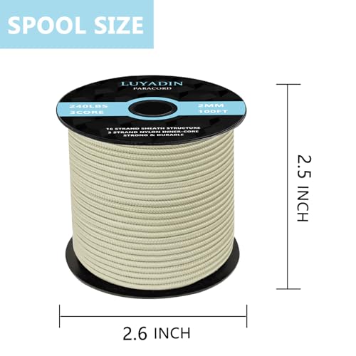Paracord 240lb - Diameter 2mm Micro Utility Cord -3 Strand Parachute Spool Cord - 100ft 200ft,Paracord for Camping,Hiking,Fishing,Outdoor and DIY - color: Beige, size: 100 ft