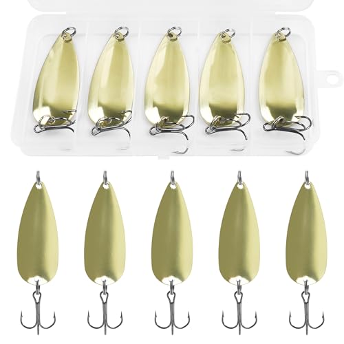 Fishing Spoons Metal Fishing Lures Kit, 5pcs Gold Metal Jigging Trout Lures Casting Trolling Spoon with with Treble Hooks for Trout Bass Pike Walleye Crappie Bass Salmon - size: 3/4oz