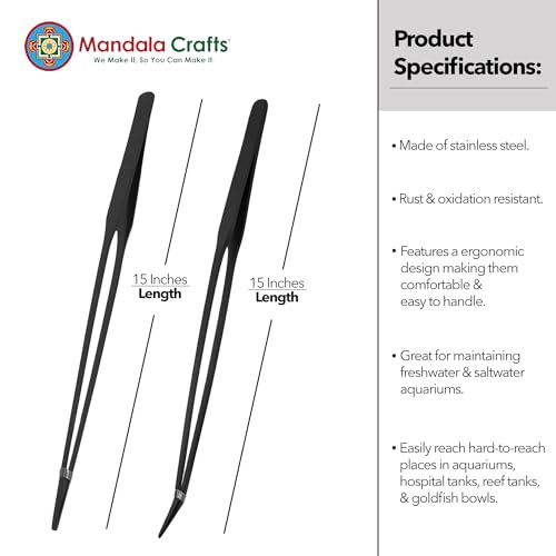 Mandala Crafts Black Straight Curved Aquarium Tweezers for Fish Tanks | 15 Inch Forceps, Rust Resistant Stainless Steel, Trimming Aquatic Plants, Bowls, Terrariums, Freshwater & Saltwater Aquascape - color: Black Curved Straight Tweezers, size: 15 Inches