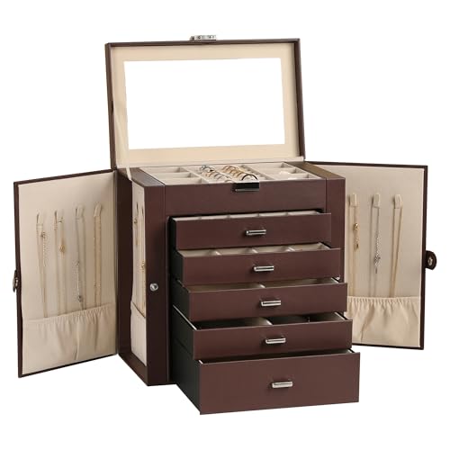 Frebeauty Large Jewelry Box,6-Tier PU Leather Jewelry Organizer,Multi-functional Storage Case with Mirror,Accessories Holder with 5 Drawers for Necklace Bracelets Watches(Dark Brown) - color: Dark Brown, size: Large