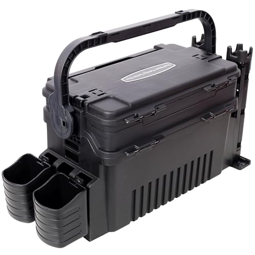 Dual-layer Fishing Tackle Box, Tackle Box Organizer Fishing Box Large, Plastic Portable Tackle Storage Box with 2pcs Rod Holder, 2pcs Cup Holder, 1pc Carring Strap - color: Black