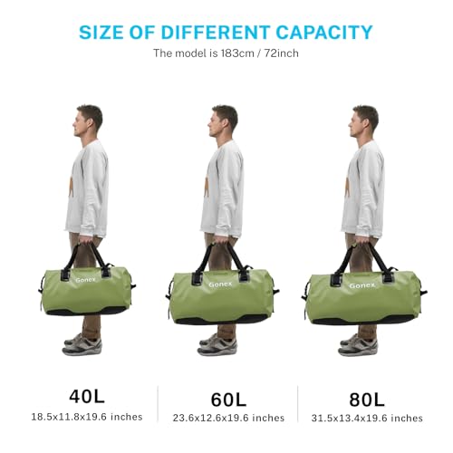 Gonex 40L 60L 80L Extra Large Waterproof Duffle Travel Dry Duffel Bag Heavy Duty Bag with Durable Straps & Handles for Kayaking Paddleboarding Boating Rafting Fishing - color: Army Green, size: 80L