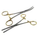 Rochester Carmalt Hemostatic Forceps Straight + Curved with Cross Serrated Jaws and Longitudinal Grooves - Premium Stainless Steel - Self Locking Artery Hemostats 6.25 Inch- Gold Handle Set of 2