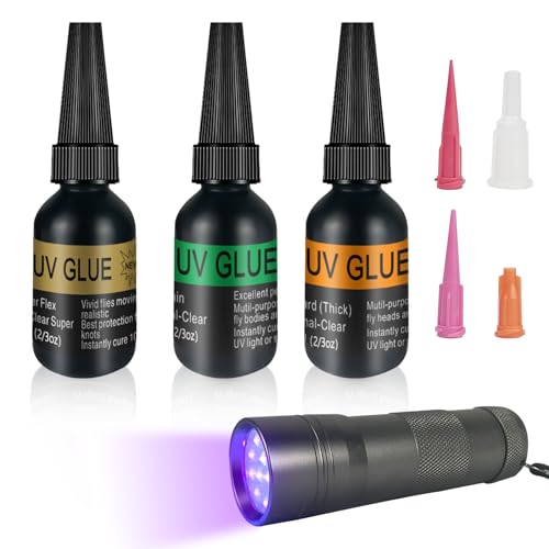 Riverruns UV Clear Glue Three Formula Thick,Thin and Super Flew +12 LED UV Power Light Fly Tying for Building Flies Flies Heads Bodies and Wings Tack Free - color: UV glue combo