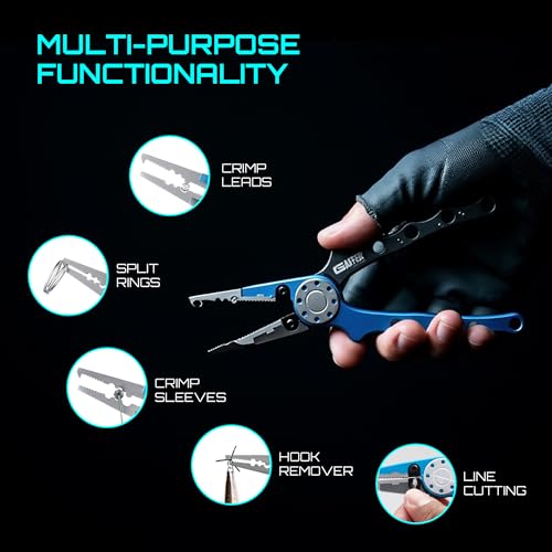 Gaffer Sportfishing Aluminum Fishing Pliers - Stainless Steel Titanium-Coated Jaws, Braided Line Cutters & Split Ring Tip - Non-Slip Grip, Nylon Sheath & Lanyard for Saltwater or Freshwater Use