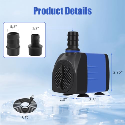 AQUANEAT Small Fountain Pump, 480 GPH Submersible Water Pump for Aquarium Fish Tank, Outdoor Water Fountain, Hydroponics, Pond Filter Pump - size: 480 GPH