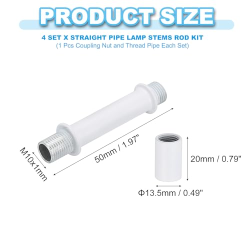 PATIKIL Straight Pipe Lamp Stems Rod Kit, 4Set M10 Carbon Steel 50mm(1.97") Long Double End Thread Rod with Coupling Nuts Sleeve Connector for Table Lamps Chandeliers, White - color: White, size: 50mm(1.97")