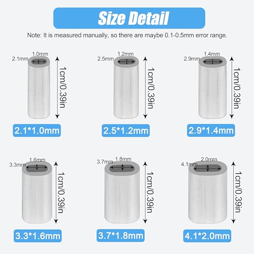 Aluminum Fishing Line Crimp Sleeves, 120pcs Single Barrel Oval Crimping Loop Sleeves Tubes Fishing Line Connector Fishing Wire Leader Rigging Tackle for Wire Rope Cable - size: 1.0*2.1mm-120pcs