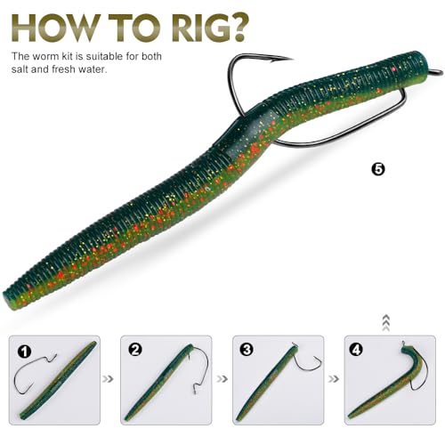Soft Plastic Worm Bass Fishing Lures, 4"/5" 50/100pcs Plastic Fishing Lure Wacky Worm Rig + 10pcs Grub Baits Hook, Soft Worms Lure Set for Bass (110 Pack) - color: 058-110PCS-4/5 Inch