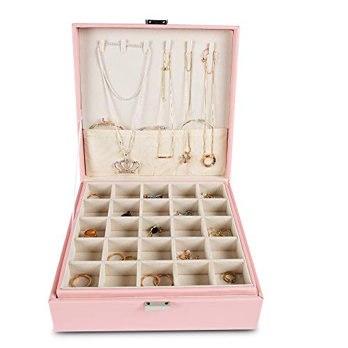 Frebeauty Earring Organizer Classic Jewelry Box 50 Slots Double Layer Jewelry Storage Case with 6 Necklace Hook and Bracelet Pocket(Pink) - color: Pink