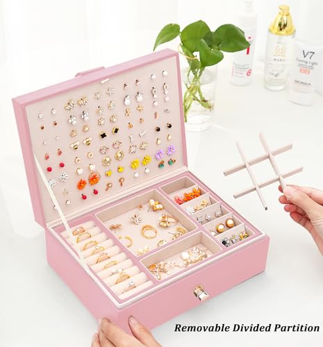 QBestry Girls Jewelry Box Earring Holder Organizer for Girls Earring Organizer Teen Jewelry Box Organizer for Girl Pink jewelry Boxes for Earrings Necklaces Rings Stud Earrings Box Organizers Teens - color: Pink, size: Medium