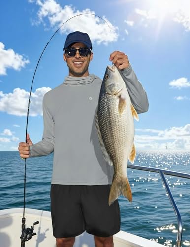 PINSPARK UPF 50+ Sun Protection Hoodie Men with Mask Quick Dry Long Sleeve Fishing Hiking Shirts UV Rash Guard Lightweight - color: Light Grey, size: X-Large