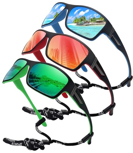 STORYCOAST Polarized Sports Sunglasses for Men Women Unbreakable Frame Cycling Fishing Driving - color: 3pack-red+blue+green