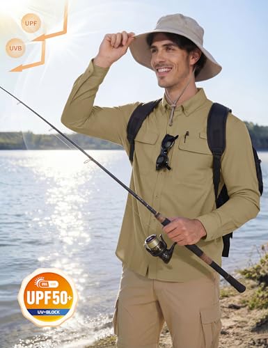 MAGCOMSEN Men's Sun Protection Fishing Shirts Long Sleeve UPF 50+ Quick Dry Cooling Button Down Shirt for Hiking Safari - color: Khaki, size: Medium
