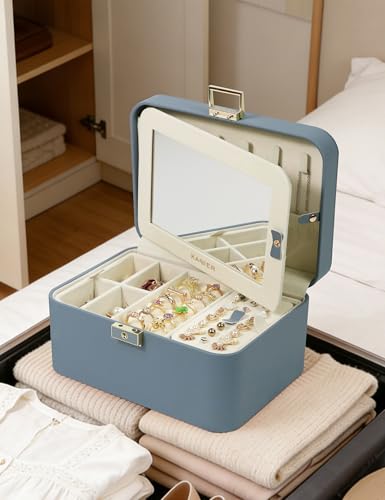 KAMIER Jewelry Organizer Box, 2 Layers PU Leather, Large Capacity, Double Lock and Large Mirror, Hidden Necklace Hooks, Removable Dividers, Gift Box Packaging,Bluish Grey - color: Bluish Grey, size: mirror