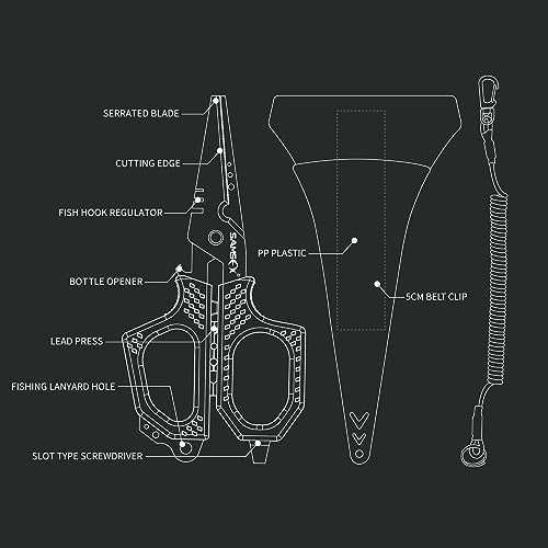 SAMSFX Fishing 6.5" Pro Fishing Scissos, Dual Serrated Blades, Braided Line Shears with Titanium Coating, Non-Slip Grip & Multifunction Tool, Come with Hard Molded Locking Sheath & Coiled Lanyad - color: A: Black Kraton Handle, Hard Sheath