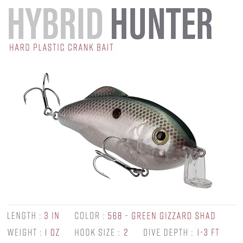 Strike King Hybrid Hunter Shallow Jr. Fishing Lure, Shallow Diving Crankbait, 90-Degree Bill, 3D Eyes, Loud Rattle, Dives 1 to 3-Feet,Size 4 & 6 Treble Hooks - color: Green Gizzard Shad, size: 1 oz