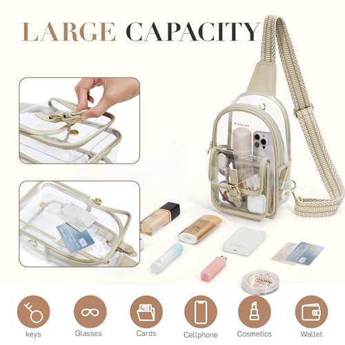 Missnine Anti-Theft Clear Sling Bag Clear Fanny Pack Stadium Approved Crossbody Bag Purse Trendy Heavy Duty Transparent Chest Bags with Guitar Strap for Concerts Sport Events - color: P-light Tan[anti-theft]