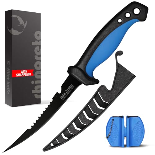 Rhinoreto Bait Knife - Razor Sharp G4116 German Stainless Steel Blade, 5 Inch Professional Filleting & Boning Knife with Non-Slip Handle, Protective Sheath & Sharpener - color: Blue, size: 5"