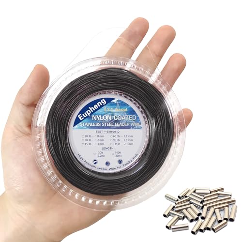 Eupheng Nylon Coated 1x7 & 7x7 Stainless Steel Leader Wire, Knottable Fishing Wire Leader Line for Saltwater, 20lb - 135lb Test in Black, Red in 30ft, 100ft Lengths, with Crimps Sleeves - color: 1x7 Black, size: 30 ft / 60 lb