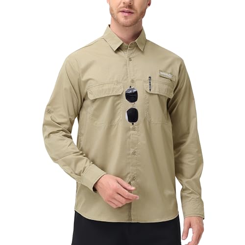 Satankud Mens Long Sleeve Fishing Shirts UPF 50+ Sun Protection Cooling Hiking Shirt for Travel Safari Work - color: Khaki, size: Small