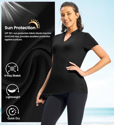 Rdruko Women's Hiking Shirts Short Sleeve UPF 50+ Sun Protection Lightweight Dry Fit Outdoor Travel Fishing Shirts - color: Black, size: Large
