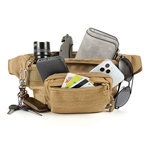 SOWHUP Tactical Fanny Pack,Military Waist Bag Pack with U.S Patch Utility Hip Belt Bumbag for Outdoor Fishing Hiking (Tan(4 Zipper Pockets)) - color: Tan(4 Zipper Pockets)